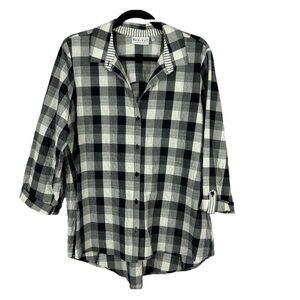 Habitat Plaid Neutral Cotton Blend Button Down Top Medium Black White